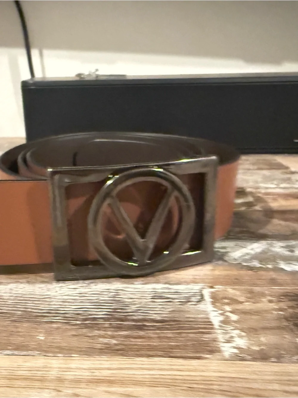 Valentino Brown Leather Belt with Gunmetal V Buckle